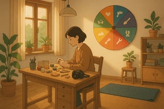 Person wählt mit einem farbigen Spinner‑Rad im Wohnzimmeratelier ein neues Hobby aus; Werkbank, Pflanzen und Kreativmaterialien im Raum.