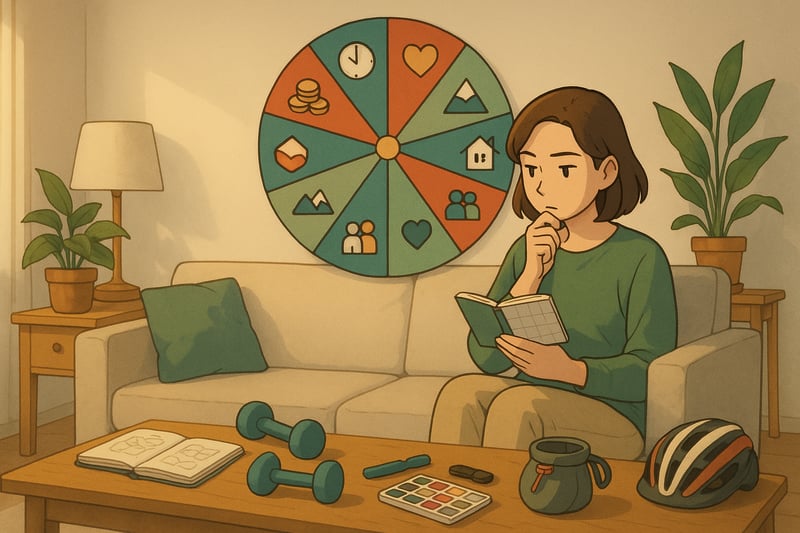 Person im hellen Wohnzimmer betrachtet ein Hobby Fokus Rad mit 12 Segmenten; Sport- und Kreativ-Items liegen bereit; Rad gut sichtbar im Hintergrund.