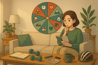 Person im hellen Wohnzimmer betrachtet ein Hobby Fokus Rad mit 12 Segmenten; Sport- und Kreativ-Items liegen bereit; Rad gut sichtbar im Hintergrund.