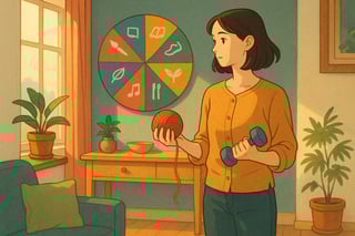 Pessoa compara materiais de hobby numa sala luminosa, com uma roda colorida de 12 segmentos ao fundo a sugerir escolhas equilibradas.