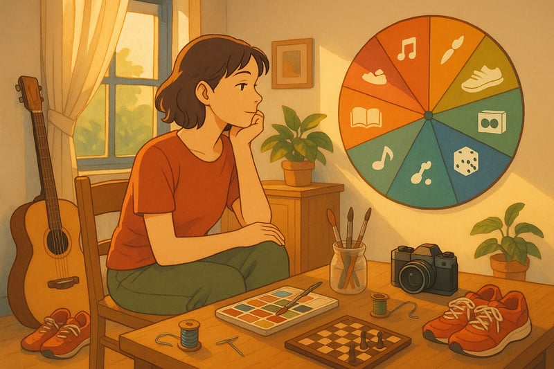 Persona che sceglie un hobby tra oggetti artistici e sportivi in una stanza italiana, con ruota colorata sullo sfondo come guida visiva.