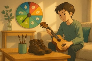 An Australian living room with a person choosing between a ukulele, paint brushes and hiking boots as a colourful spinner wheel sits on the wall.