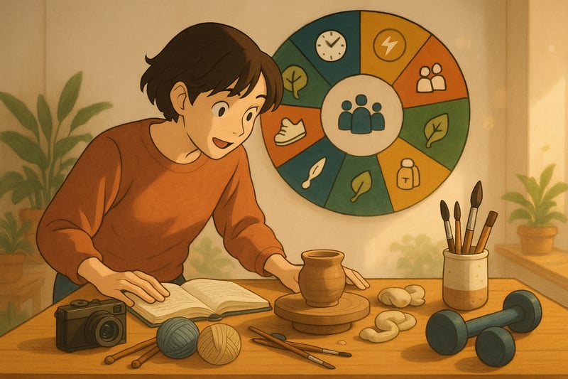 Persona decide su hobby con materiales diversos y una ruleta colorida de 12 segmentos al fondo que sugiere filtros de tiempo, coste y progreso.