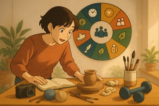 Persona decide su hobby con materiales diversos y una ruleta colorida de 12 segmentos al fondo que sugiere filtros de tiempo, coste y progreso.