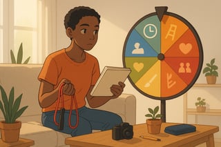 Young adult in a living room considering hobbies; a spinner wheel with time, budget, and activity icons in the background.