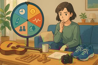 Persoon in Nederlandse woonkamer kiest hobby terwijl een kleurrijk wiel op de achtergrond filters toont zoals tijd, budget en creativiteit.