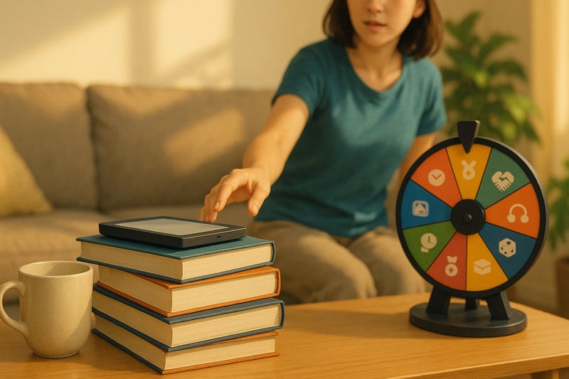 Reader at a sunlit table reaches for a book as a colorful spinner wheel rests nearby, hinting at a TBR decision and reading progress.