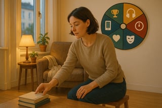 Person greift in einer gemütlichen Leseecke zu einem Buch; im Hintergrund ist ein farbiges Entscheidungsrad mit buchbezogenen Symbolen sichtbar.