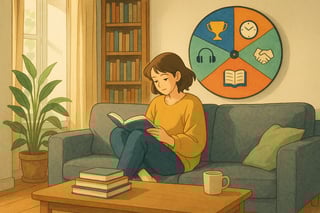 Lezer op een bank kiest een boek terwijl een kleurrijk besliswiel met iconen op de achtergrond helpt de leesstapel te verkleinen.