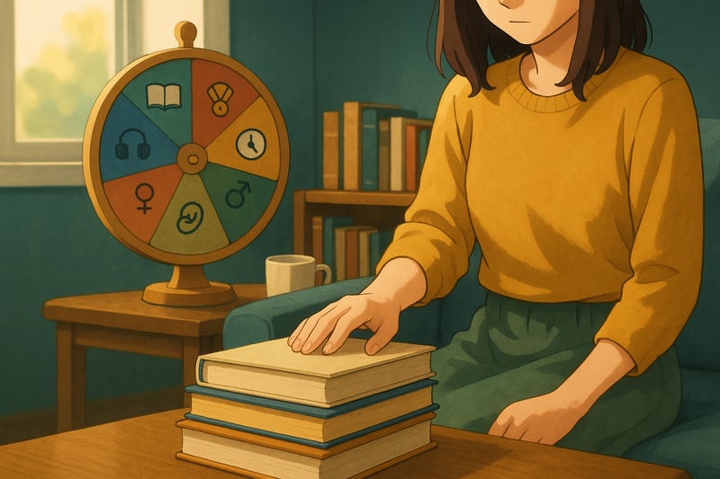 Pessoa escolhe livro de uma pilha enquanto uma roda colorida ao fundo sugere formatos e generos para decidir a proxima leitura
