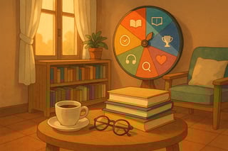 Angolo lettura italiano con pila di libri, tazza di caffè e ruota decisionale colorata sullo sfondo per scegliere il prossimo libro.