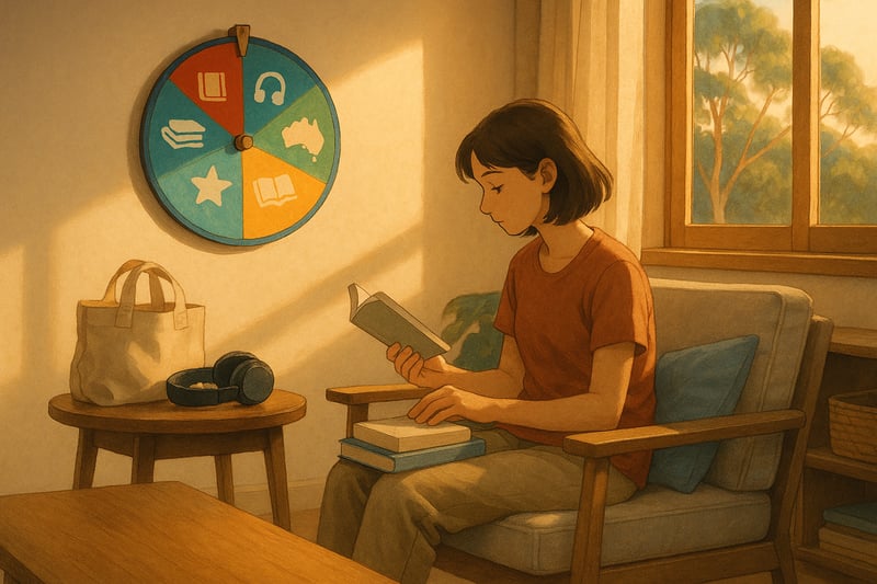 Australian living room reading nook with a colourful spinner wheel on the wall, a reader choosing a short book, and headphones beside a library tote.