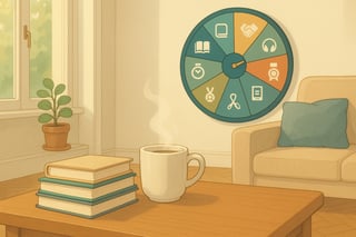 Gemuetliches Wohnzimmer mit Buchstapeln und einem dezenten bunten Gluecksrad im Hintergrund, das die Buchwahl spielerisch erleichtert.