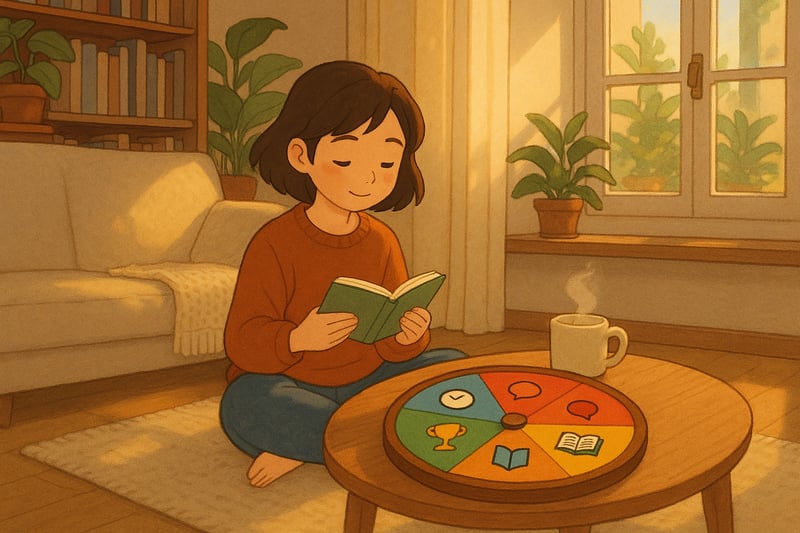 Lectrice dans un salon feutré choisissant sa prochaine lecture; une roue colorée occupe le tiers de l’image sur la table basse.