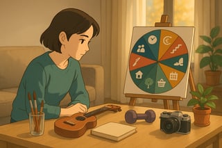 Personne choisissant un loisir à domicile avec une roue colorée en arrière-plan et divers objets de hobby sur une table, ambiance concentrée et positive.