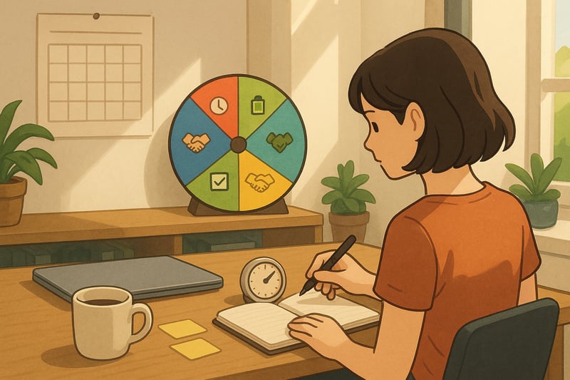 Modern workspace with a colorful spinner wheel behind a person choosing a productivity method at a desk, no text.