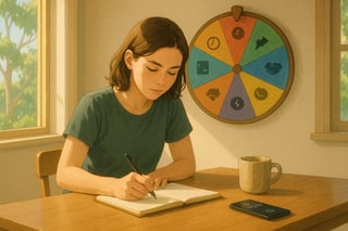 Sunlit Aussie home workspace with a colourful spinner wheel on the wall and a notebook and timer arranged for a focused productivity session.