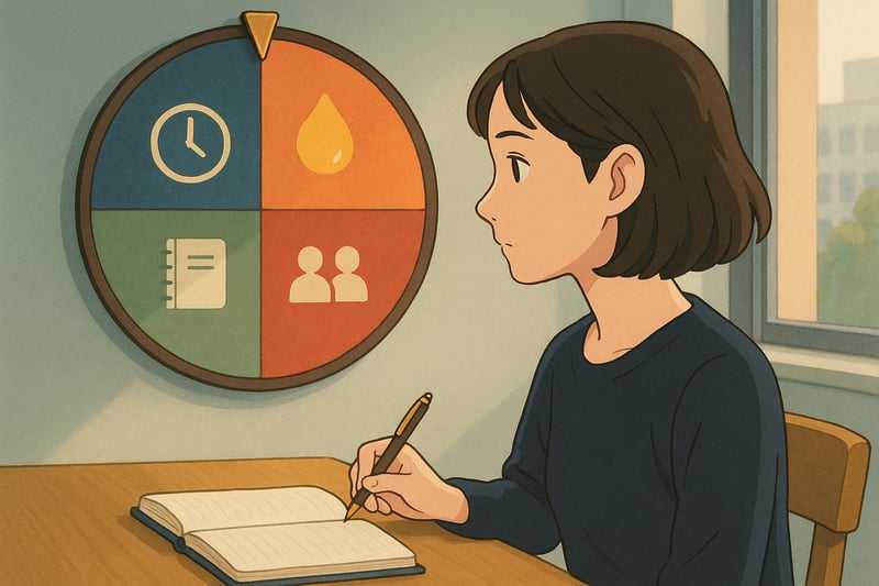 Une personne choisit un systeme de productivite dans un bureau epure, avec une roue decisionnelle coloree visible en arriere plan.