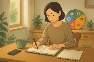 Pessoa em casa com roda colorida ao fundo, organizando tarefas e escolhendo um sistema de produtividade.