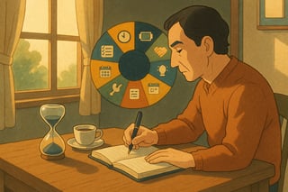 Professionista in interno domestico osserva taccuino, clessidra e una ruota dei metodi sullo sfondo per scegliere il proprio sistema di produttivita.