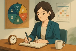 Konzentrierte Person in modernem Arbeitsraum entscheidet sich mit einem bunten Spinner‑Rad im Hintergrund für eine Arbeitsmethode und startet fokussiert.