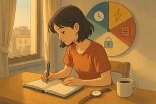 Mujer elige método de productividad; ruleta multicolor visible al fondo en 30% del encuadre, con agenda analógica, reloj y luz cálida sobre mesa.