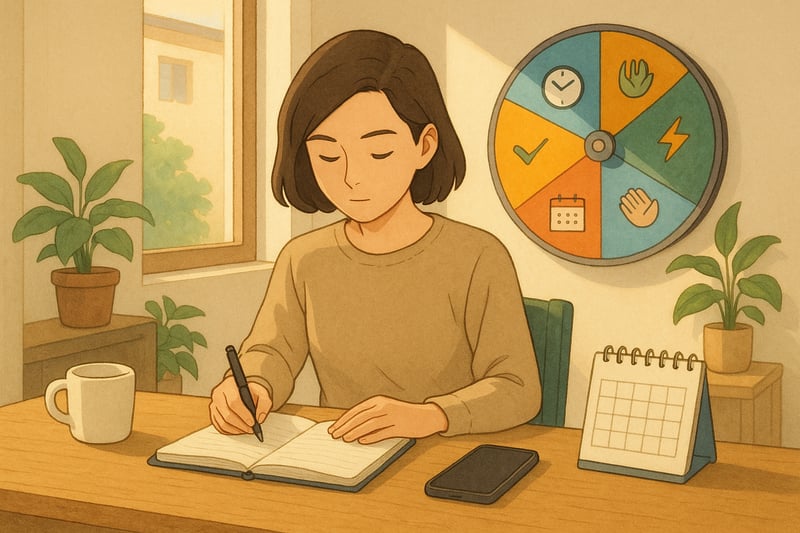 Person in hellem Schweizer Buero entscheidet sich mit einem Produktivitaets-Rad; das farbige Drehrad ist gut sichtbar im Hintergrund platziert.