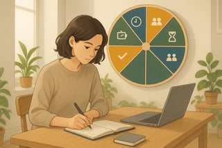 Kenniswerker in Nederlandse interieursetting werkt gefocust met analoge planning; op de achtergrond een kleurige spinner met 15 segmenten.