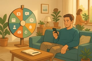 Erwachsene Person sortiert ihr digitales Leben; im Hintergrund ein farbiges Glücksrad zeigt Social-Media-Optionen als Symbole und unterstützt fokussierte Nutzung.