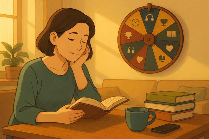 Lectora frente a una mesa con libros y una ruleta de decision al fondo; la escena sugiere elegir la proxima lectura con enfoque ludico y sin ansiedad.