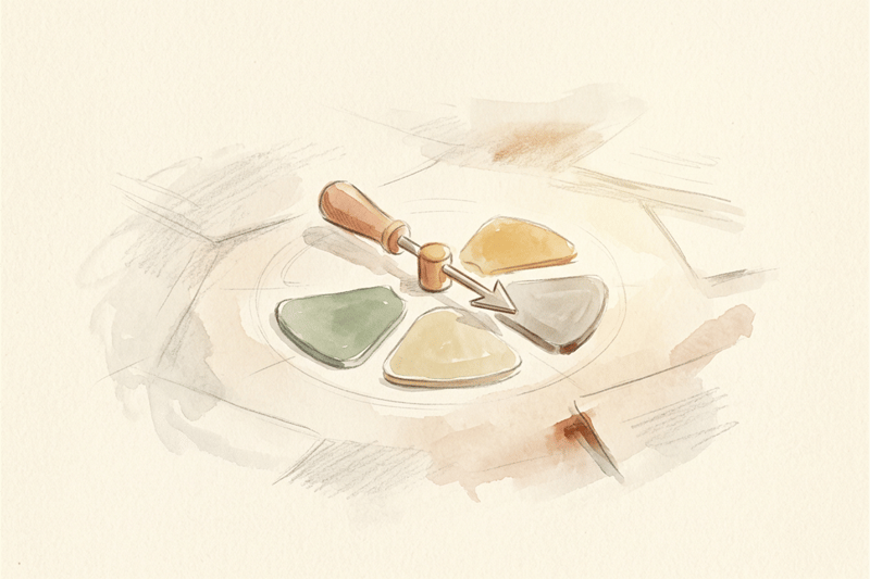 Minimalist sketch of a single spinner pointer hovering over a few clear options, expressing calm focus as clutter fades into light pencil haze around the edges.