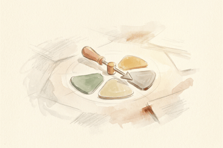 Minimalist sketch of a single spinner pointer hovering over a few clear options, expressing calm focus as clutter fades into light pencil haze around the edges.
