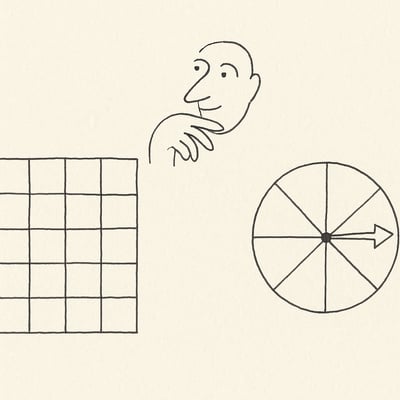A simple grid beside a spinner circle under a hovering hand, capturing the moment of choosing a framework or a randomizer to break analysis paralysis.