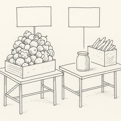 Minimalist sketch of two jam displays—one crowded, one simple—evoking relief at the smaller selection as a calm hand reaches for a single jar.