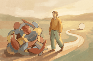 Hand-drawn person facing a small circle pointer and a messy pile of shapes, conveying the shift from option overload to a simple, fair decision path.