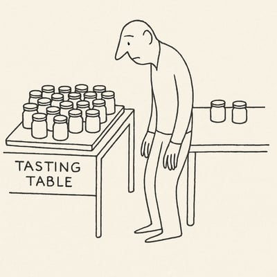 Minimalist drawing of a shopper facing two trays of jars—one crammed, one sparse—capturing the tension of too many options versus a simpler set.