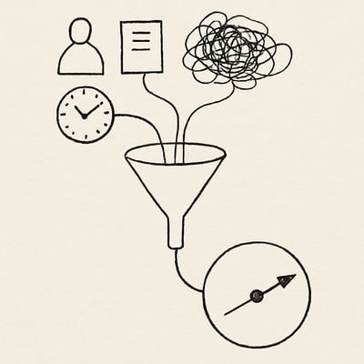 Sketch shows a funnel simplifying messy shapes into a clean circle pointer, representing frameworks narrowing options before a decision wheel tie-breaker.