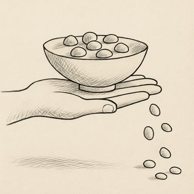 A hand balances seven small pebbles as extras slide off, symbolising working memory limits and why extra choices easily overflow our mental bandwidth.