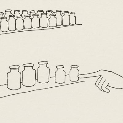 Ein Regal mit vielen Gläsern verengt sich zu wenigen; eine Hand weist auf die kleine Auswahl und vermittelt Ruhe statt Überforderung.