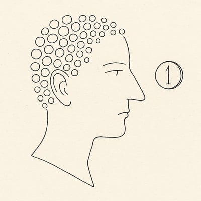 Ein Kopf mit wirren Gedankenpunkten verwandelt sich in eine einfache Münze; der Wechsel deutet auf Erschöpfung und Bedürfnis nach Vereinfachung hin.