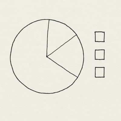 Ein grob gezeichneter Kreis mit Segmenten neben einer Checkliste; das Motiv vermittelt Struktur plus einfache Zufallsauswahl für Entscheidungen.