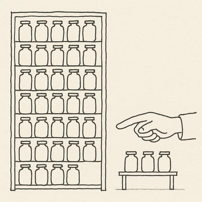 Minimalistische Zeichnung kontrastiert ein ueppiges Regal voller Glaeser mit einem kleinen uebersichtlichen; eine Hand deutet ruhig auf die kleinere Auswahl als Einladung zur Klarheit.