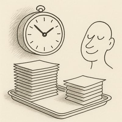 Reloj junto a una pila de expedientes que disminuye después de un descanso, evocando cómo las pausas restauran energía y mejoran decisiones repetidas.