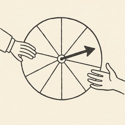Rueda de sectores sin texto con flecha y dos manos distintas empujando, simbolizando azar transparente y justicia compartida en la elección grupal.