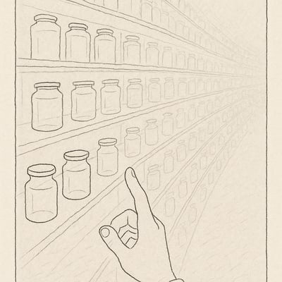 Mano ante una estantería de frascos: pocos claros y muchos borrosos, simbolizando cómo demasiadas opciones diluyen la claridad y elevan el asombro ansioso.