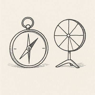 Boussole et petite roue stylisée côte à côte, exprimant le passage d'un labyrinthe analytique à une procédure simple et équitable pour décider.