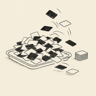 Plateau où des cartes s'éparpillent à côté d'une petite pile ordonnée, suggérant la limite de la mémoire de travail et la fatigue face à trop d'options.