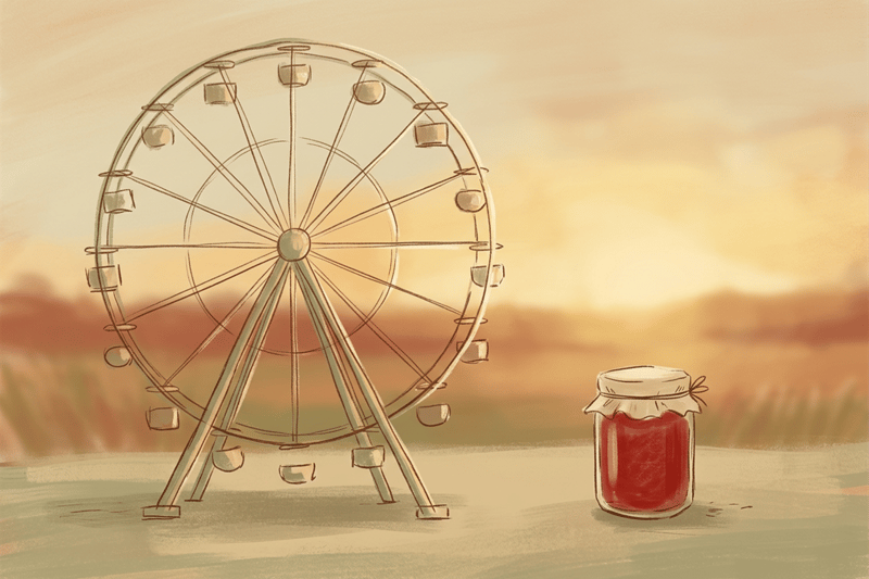 Une grande roue minimaliste et un unique pot de confiture posé à côté, en traits tremblés, symbolisent le passage de l’abondance anxiogène à une décision simple.