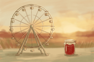 Une grande roue minimaliste et un unique pot de confiture posé à côté, en traits tremblés, symbolisent le passage de l’abondance anxiogène à une décision simple.