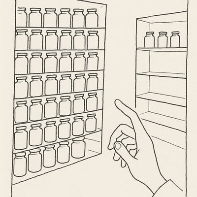 Main hésitante devant deux étagères: une saturée de pots, l'autre avec quelques bocaux, incarnant le vertige de l'abondance et l'attrait de la simplicité.